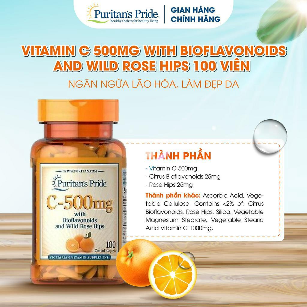 Vitamin C giúp giảm thâm mụn và tăng cường miễn dịch 500mg with bioflavonoids & wild rose hips Puritan's Pride 100 viên
