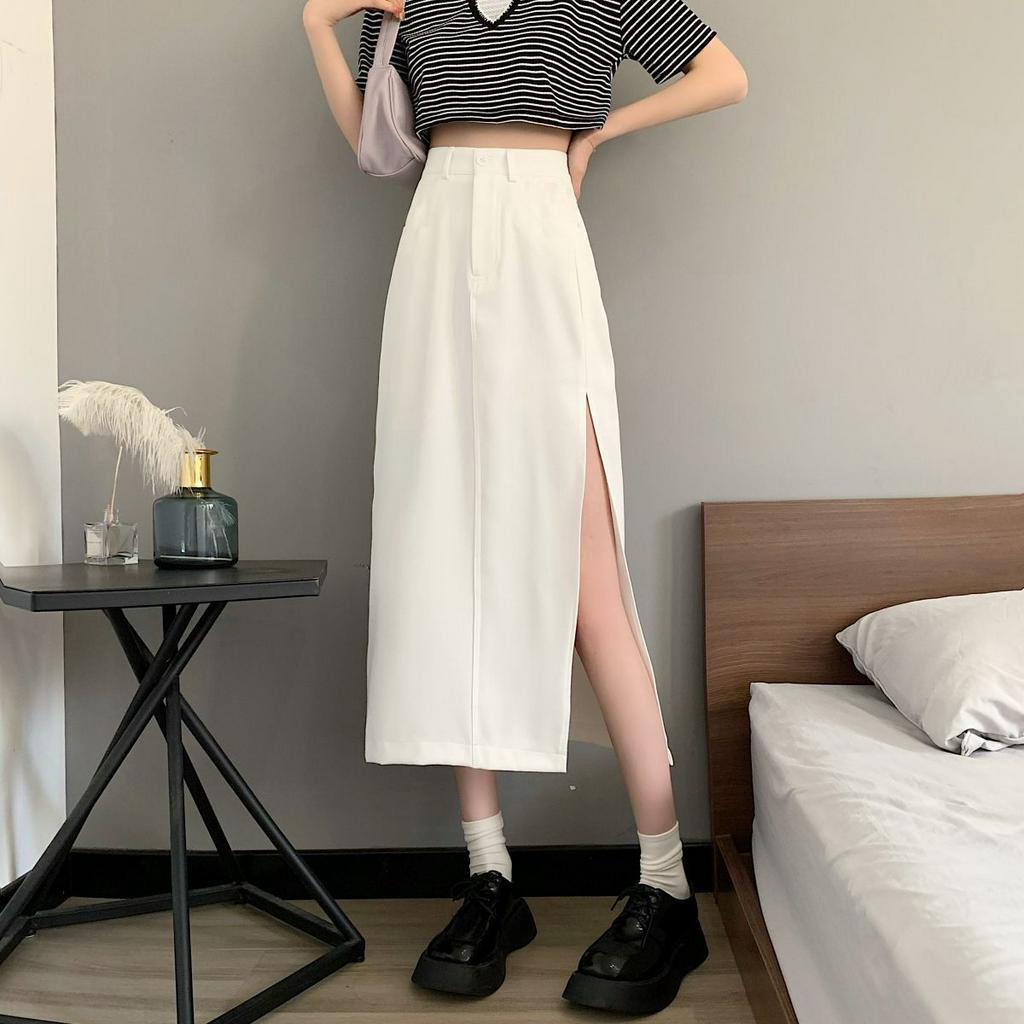 Chân Váy Dài Lưng Cao Màu Trơn Xẻ Tà Thời Trang Hàn Quốc Cho Nữ