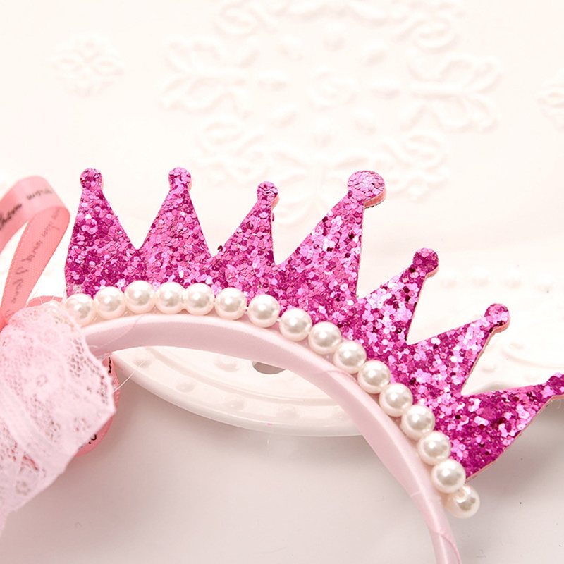 Set 2 Băng Đô Cài Tóc Hình Vương Miện Công Chúa Bằng Nhựa Phối Ren Đính Ngọc Trai Xinh Xắn Cho Bé Gái