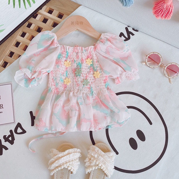 Áo Kiểu Tay Ngắn Chất Chiffon Hoạ Tiết Hoa Thời Trang Cho Bé