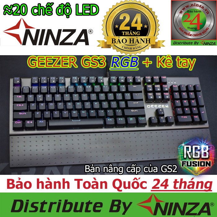 Bàn phím cơ Geezer GS3 RGB + Kê tay, BlueSwitch Quang học - Ninza Bảo hành 24 tháng - Bản nâng cấp của Geezer Gs2