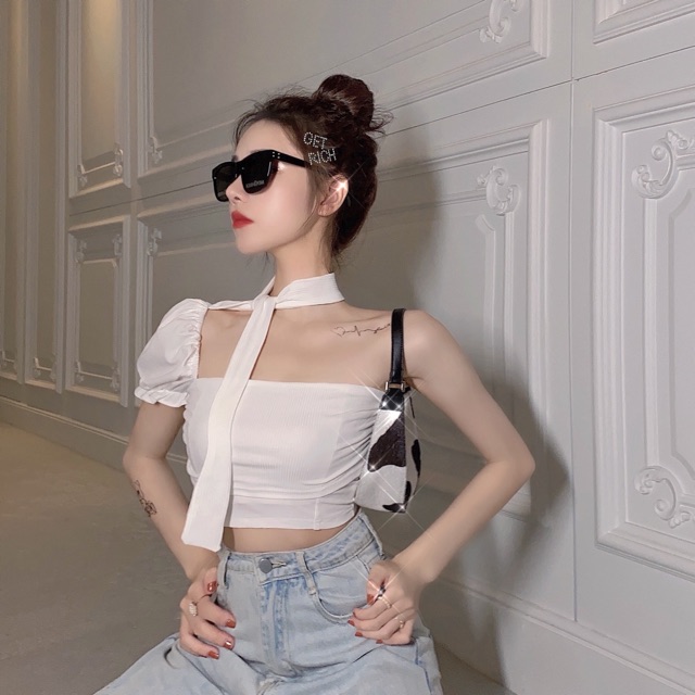 ÁO CROPTOP ÔM  🎀[Có Ảnh Thật]🎀 HỞ VAI 1 BÊN TAY BỒNG QUYẾN RŨ