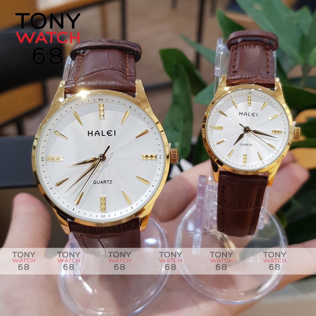 Đồng hồ cặp đôi nam nữ Halei viền vàng dây da siêu mỏng Tony Watch 68