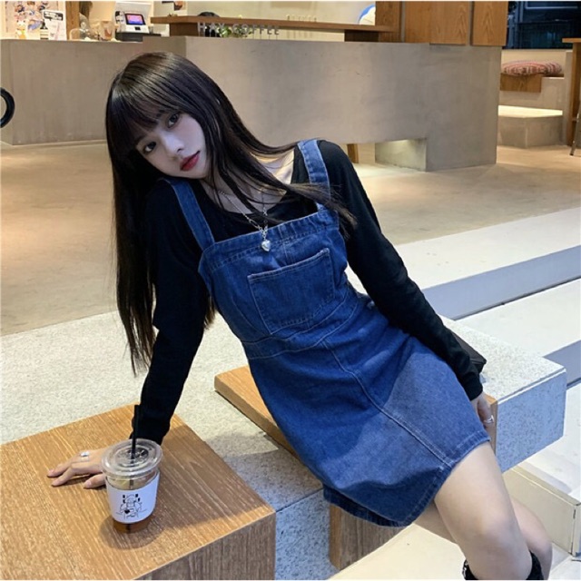 Set váy yếm jeans + áo thun đen dài tay ulzzang Hàn Quốc [Yannie]