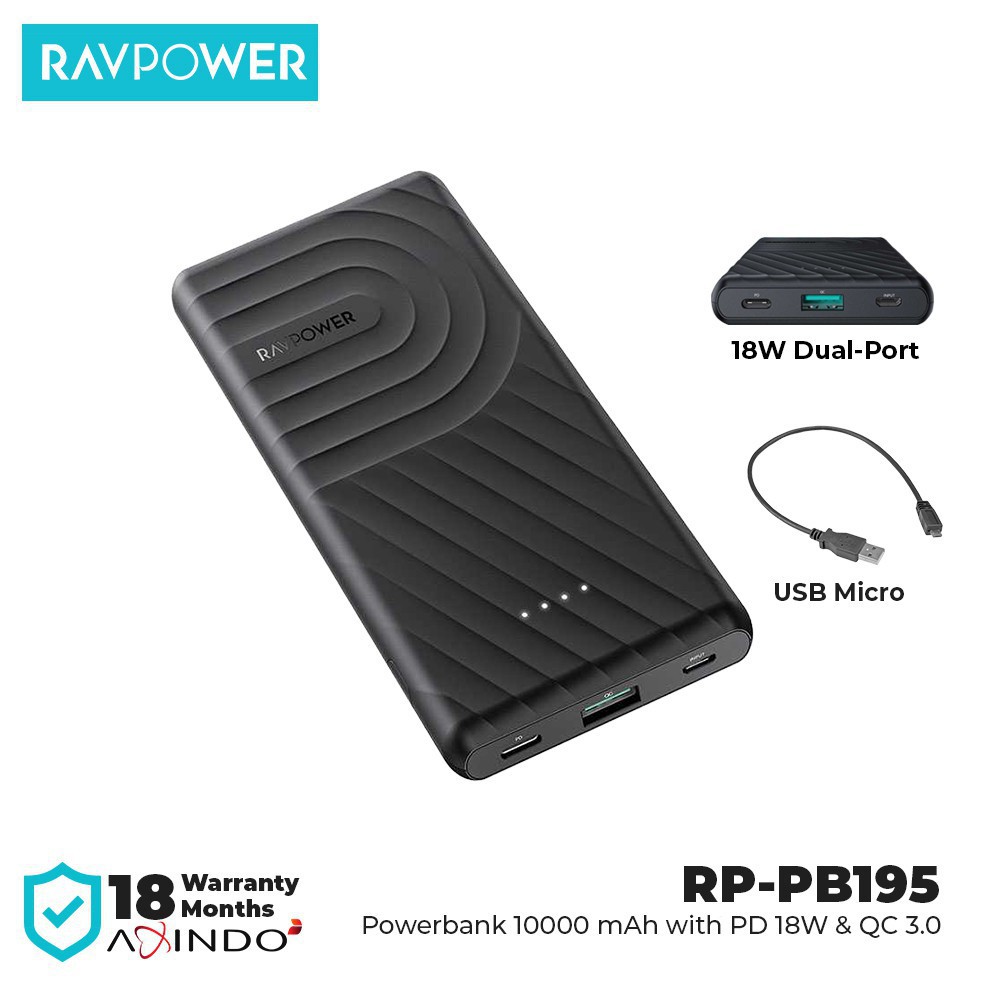 Pin Sạc Dự Phòng RAVPower 10000mAh In/Out TypeC PD 18W, Quick Charge 3.0 RPPB195