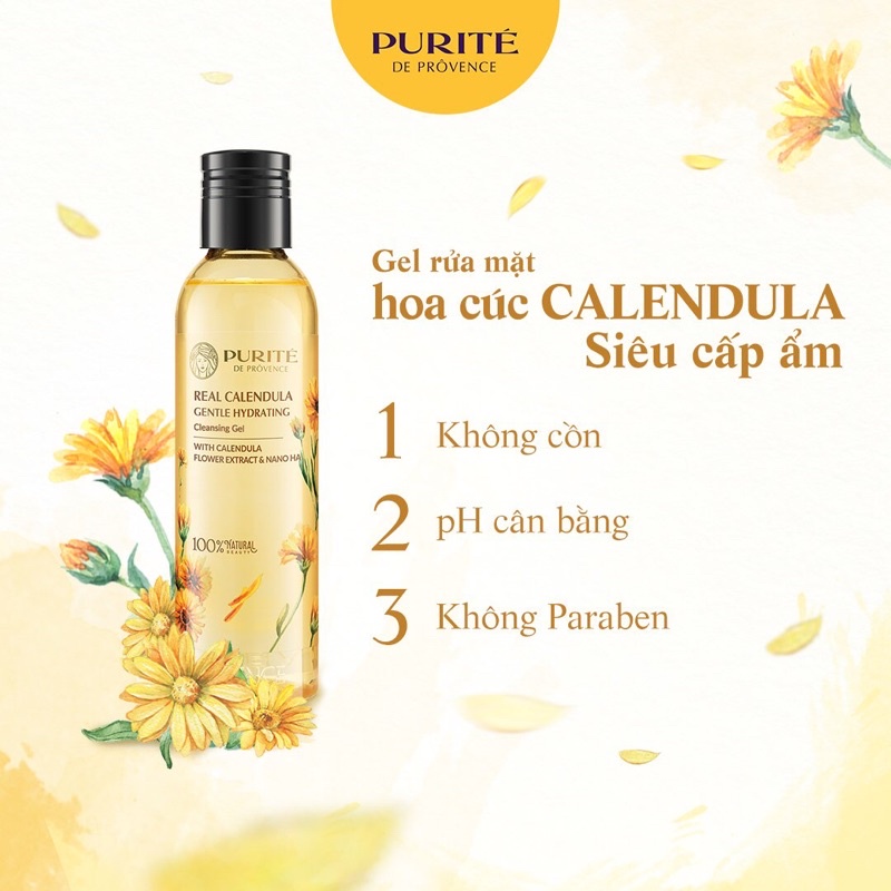Gel Rửa Mặt Purité Dưỡng Ẩm Chứa Hoa Cúc Calendula THẬT từ Pháp - Làm dịu và giữ ẩm sâu