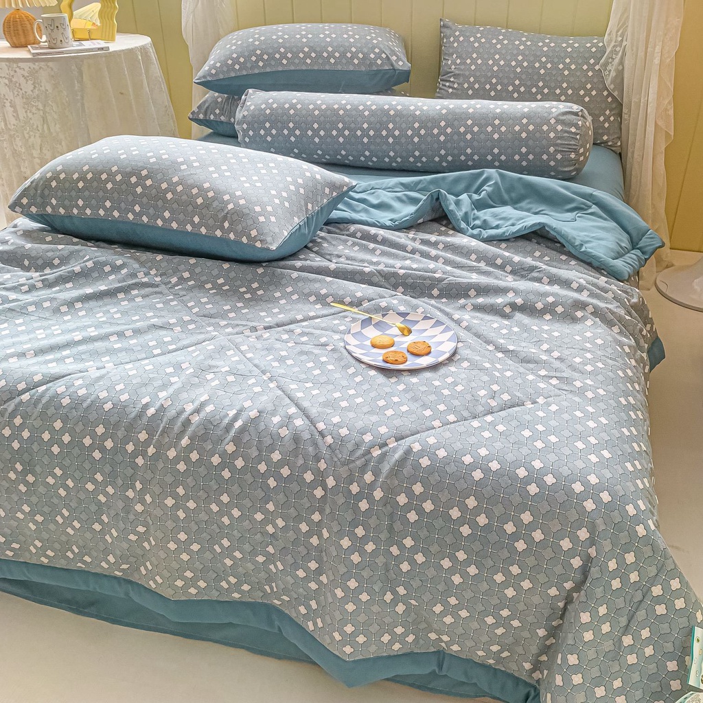 Set 5 món chăn ga gối Cotton Đũi, Bộ chăn gối mền họa tiết Hàn Quốc nhập khẩu mềm mịn