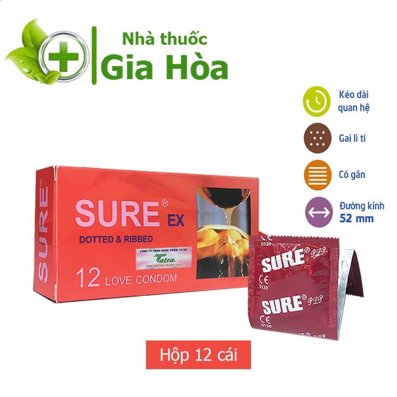 Bao cao su Sure siêu mỏng, có gân, gai giúp tăng cảm giác cuộc yêu (BCS hộp 12 cái) (CHÍNH HÃNG)