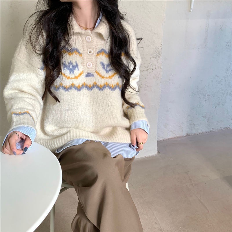 Áo thun Polo dệt kim màu sắc Retro thời trang thu đông Hàn Quốc mới cho nữ