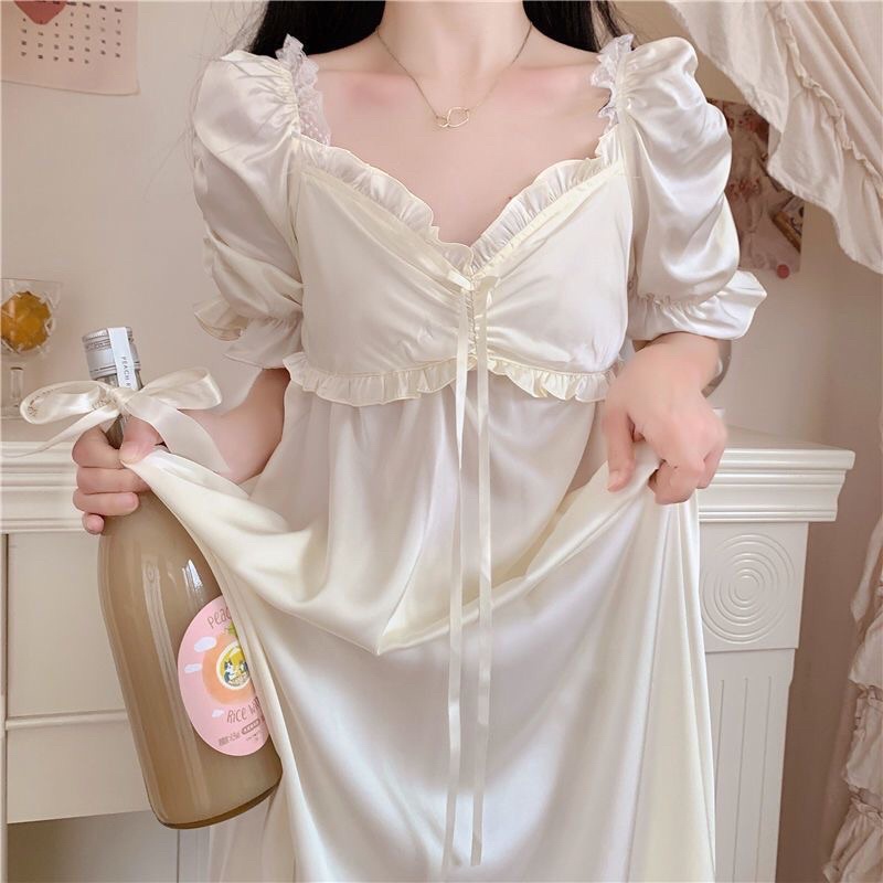 Váy ngủ tiểu thư tay bồng cổ vuông trơn lụa satin cao cấp quảng châu