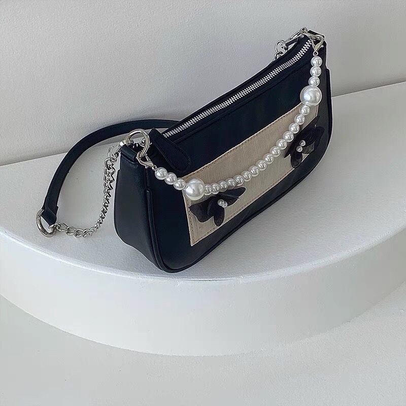 Túi đeo vai IELGY trang trí bướm phối chuỗi ngọc trai vintage kiểu Pháp cho nữ