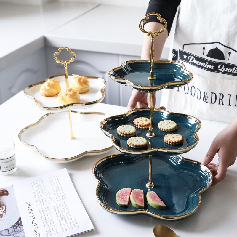 Khay bánh pancake 3 tầng theo phong cách bắc âu sang chảnh - Khay sứ 3 tầng viền vàng sang trọng (nhiều mẫu)
