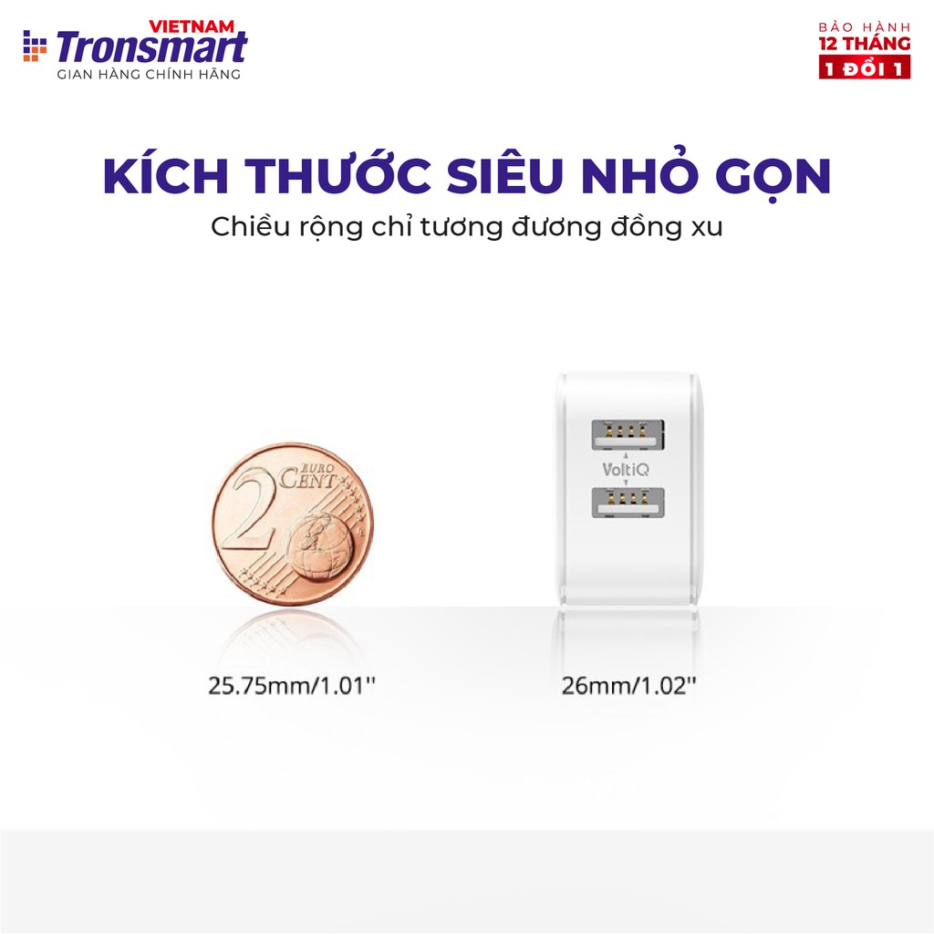 Củ sạc 2 cổng USB Tronsmart W02 công nghệ VoliQ 12W dòng 2.4A - Hàng chính hãng - Bảo hành 12 tháng 