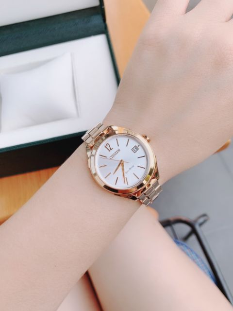 Đồng hồ nữ chính hãng Citizen FE6143-56A Eco-drive - Kính khoáng cứng - Dây thép không gỉ rosegold - size 34mm