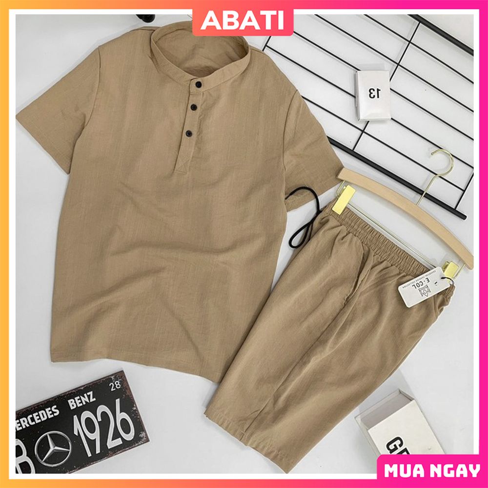 Bộ đũi nam tay ngắn cổ tàu vải đũi thái đẹp cao cấp dày dặn thoáng mát thời trang mặc nhà dạo phố hàn quốc ABATI