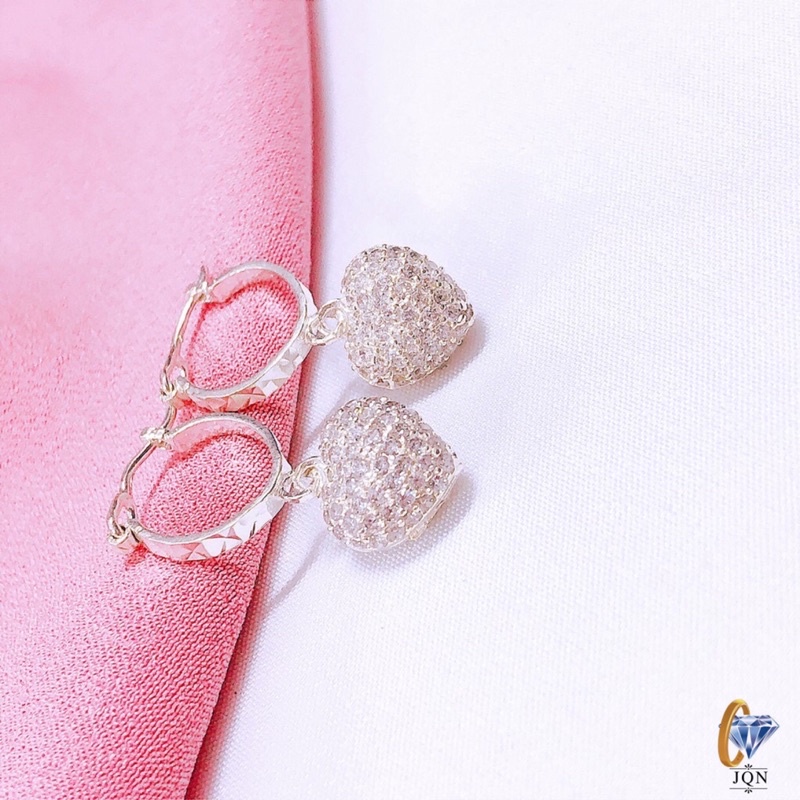 Bông tai bạc thật nữ JQN mặt trái tim nạm đá nhỏ cực xinh