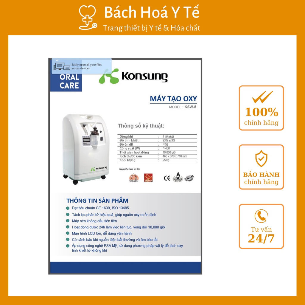 Máy tạo oxy gia đình Konsung KS-5 dung tích 5L, Bảo hành 12 tháng cung cấp Oxy cho bệnh nhân.