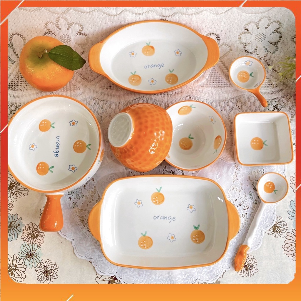 Bộ đĩa gốm sứ decor trang trí đồ ăn sét cam 8 món siêu đẹp