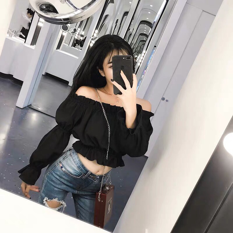 (loại mới) ÁO TRỄ VAI TIỂU THƯ CHUN BỒNG TAY DÀI VIỀN BÈO NHÚN ULZZANG - ÁO TRỄ VAI CROPTOP ĐEN TRẮNG