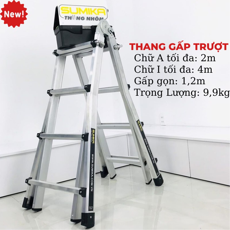 Thang Chữ A, Thang nhôm gấp trượt đa năng SUMIKA SKM404 Duỗi 4m  Tải Trọng 300KG - BH 2 Năm - Luôn Có Phụ Kiện Thay Thế