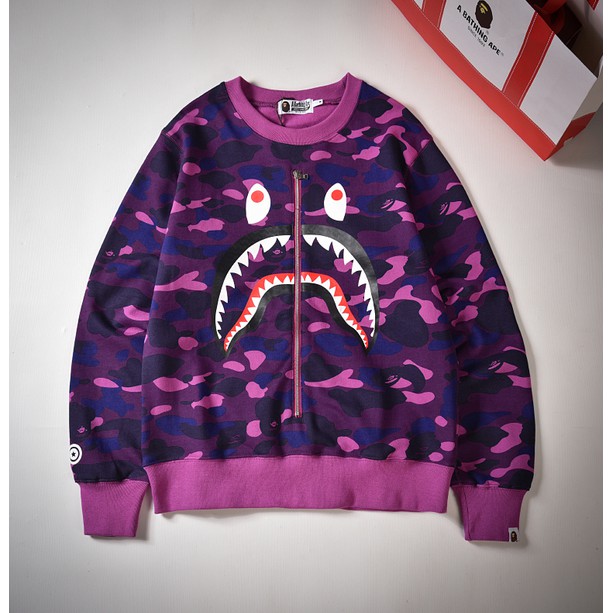 BAPE Áo Khoác Sweater Cổ Tròn In Họa Tiết Rằn Ri Phối Khóa Kéo Cá Tính Cho Nam Và Nữ