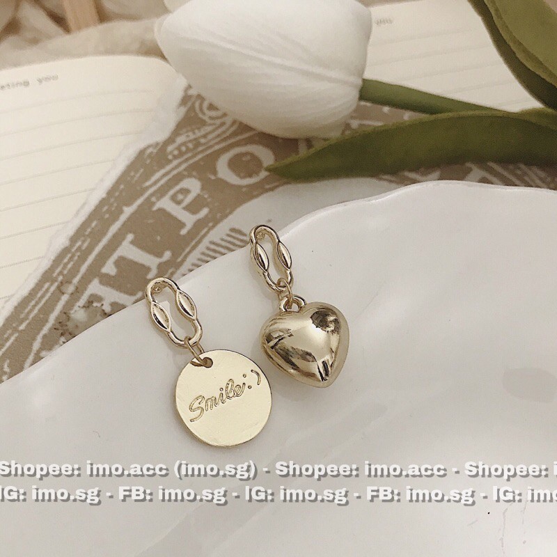 Bông tai tròn smile tim ánh kim imo.sg tự chụp có sẵn bạc 925 sang độc lạ xịn phong cách Hàn ulzzang làm quà tặng