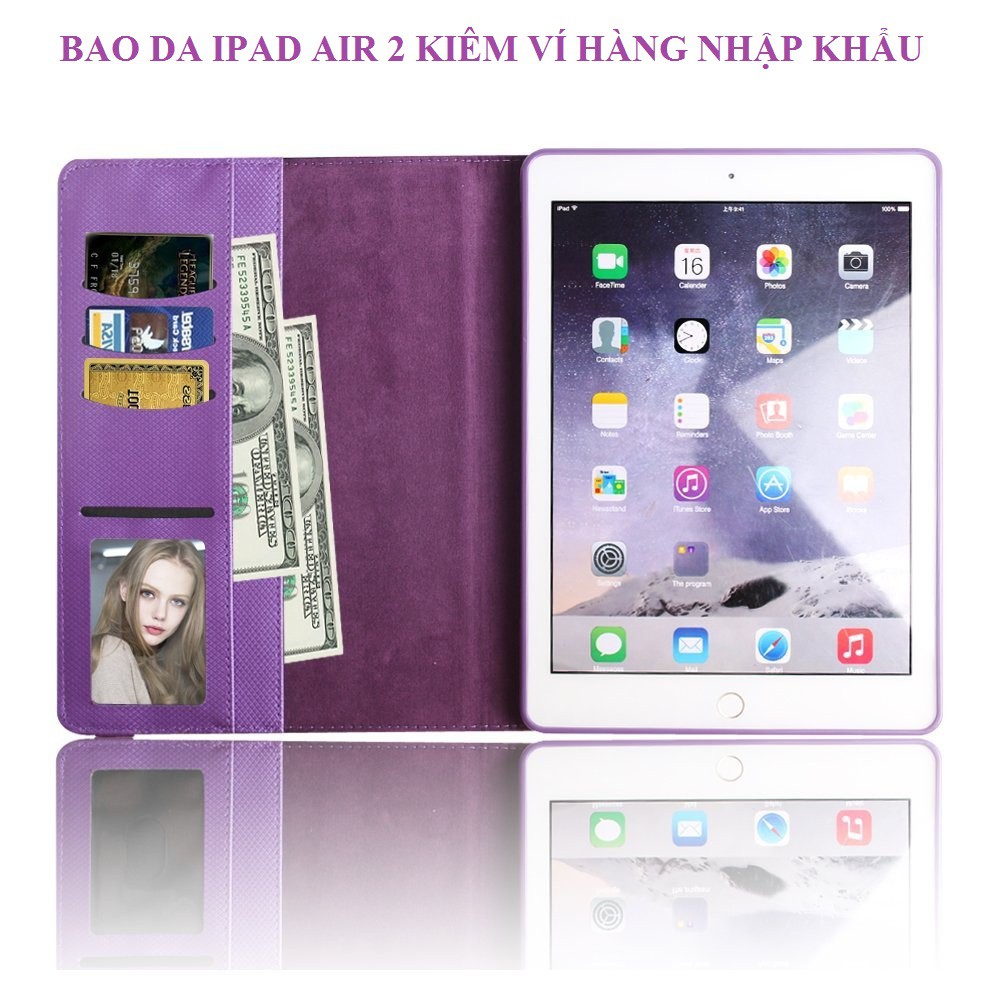 Bao da iPad Air 2 kiêm ví xoay 360 độ - Tặng kèm bút cảm ứng - Màu tím