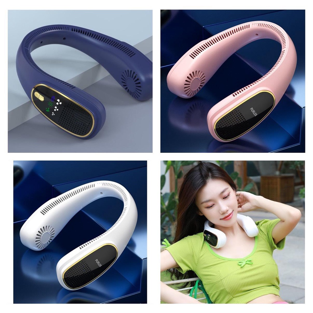Quạt tích điện thời trang đeo cổ tạo gió Ion ,có màn hình hiển thị pin, thời gian dùng 5-6 tiếng, 3 cấp độ gió mát