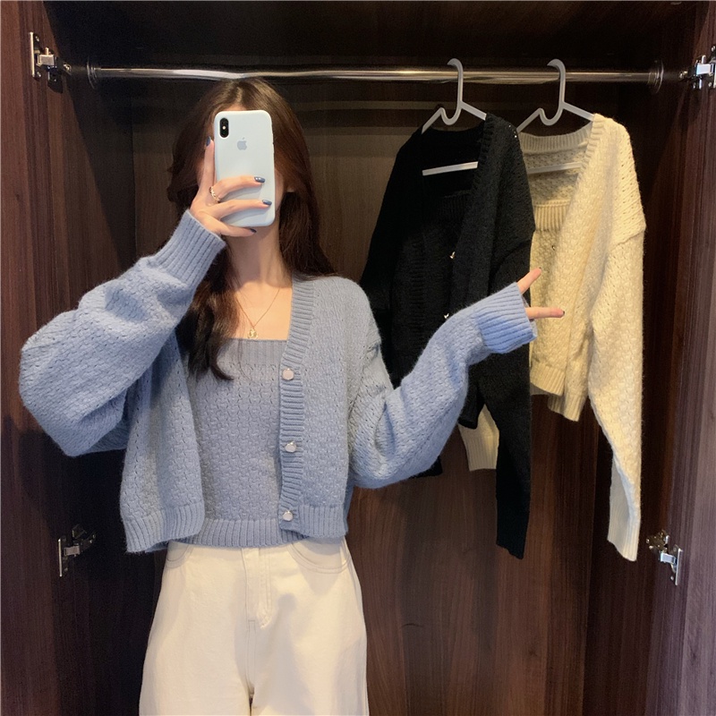 Set áo hai dây ống quây kèm áo khoác cardigan len đan trơn vintage nhẹ nhàng