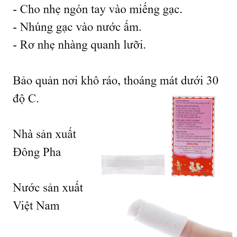 GẠC RƠ LƯỠI ĐÔNG PHA - HỘP 5 CÁI - GẠC QUẤN TAY VỆ SINH LƯỠI, NƯỚU CHO BÉ, TRÁNH NẤM ĐẸN, TƯA LƯỠI