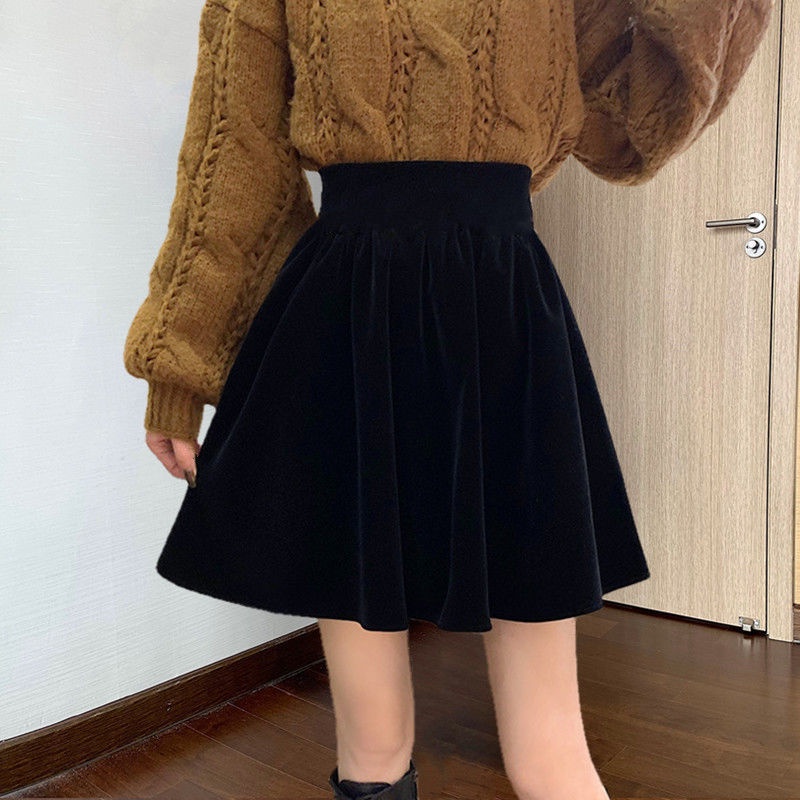 Yoyo ~ Phiên Bản Hàn Quốc Váy Ngắn Phong Cách Preppy Váy Nửa Váy Nhung Váy Nửa Chiều Dài Ôm Hơn Váy Xếp Ly Trượt Tuyết Chữ A