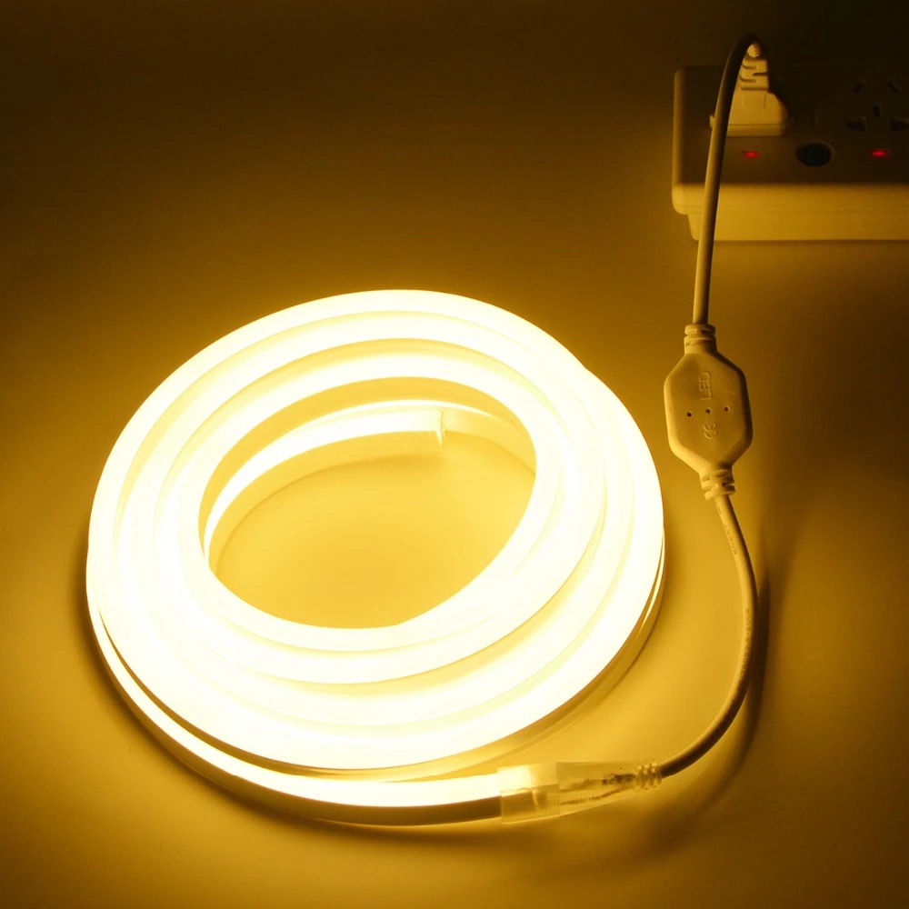Dây đèn LED Neon 8x16mm 220V vàng ấm cuộn 5m có nối nguồn sẵn, trang trí hắt trần, viền sáng đồ nội thất