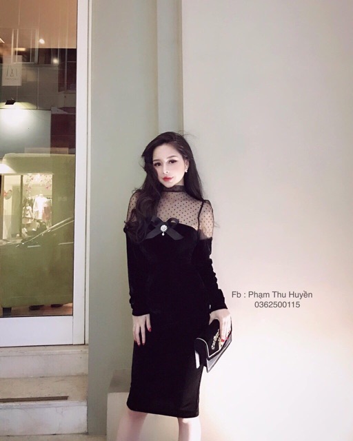 Váy body nhung pha lưới tag nơ siêu xinhhh