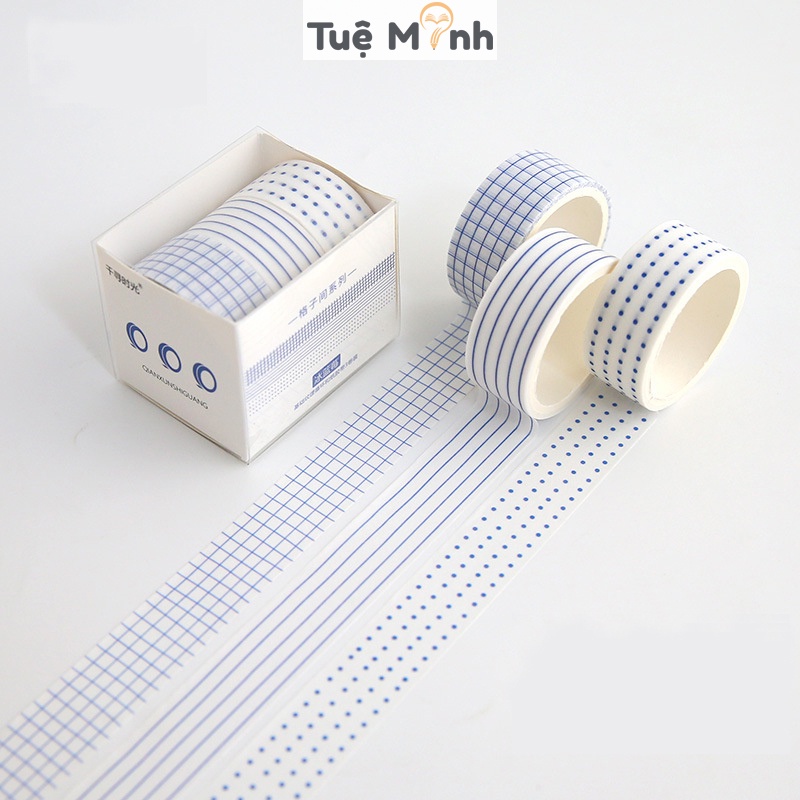 Set washi tape dài 3m họa tiết kẻ, chấm bi - bộ băng dính trang trí sổ Bullet Journal, thiệp