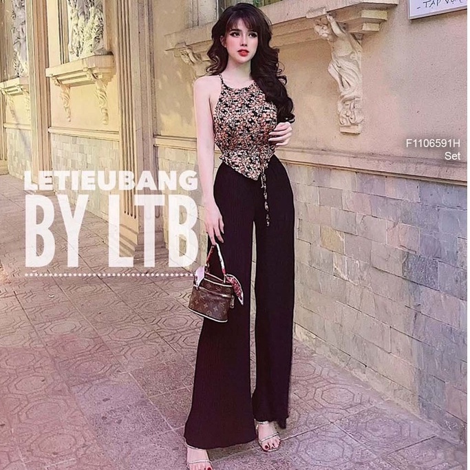 Set áo hoa cổ yếm đan dây lưng+ quần suông đen dập ly!