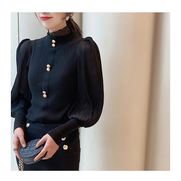 Áo Thun Dệt Kim Tay Phồng Cổ Cao Thời Trang