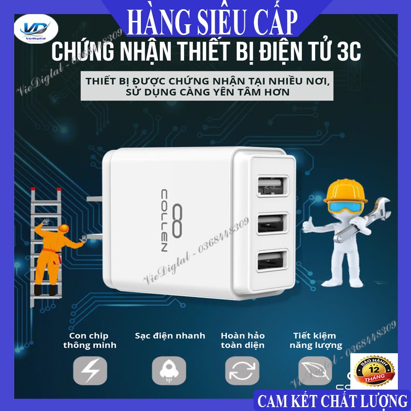 Củ Sạc Nhanh 3.4A 3 Cổng 3 Chân Cắm USB Collen Đa Năng Cho Điện Thoại [bảo hành 6 tháng, lỗi 1 đổi 1 trong 30 ngày]