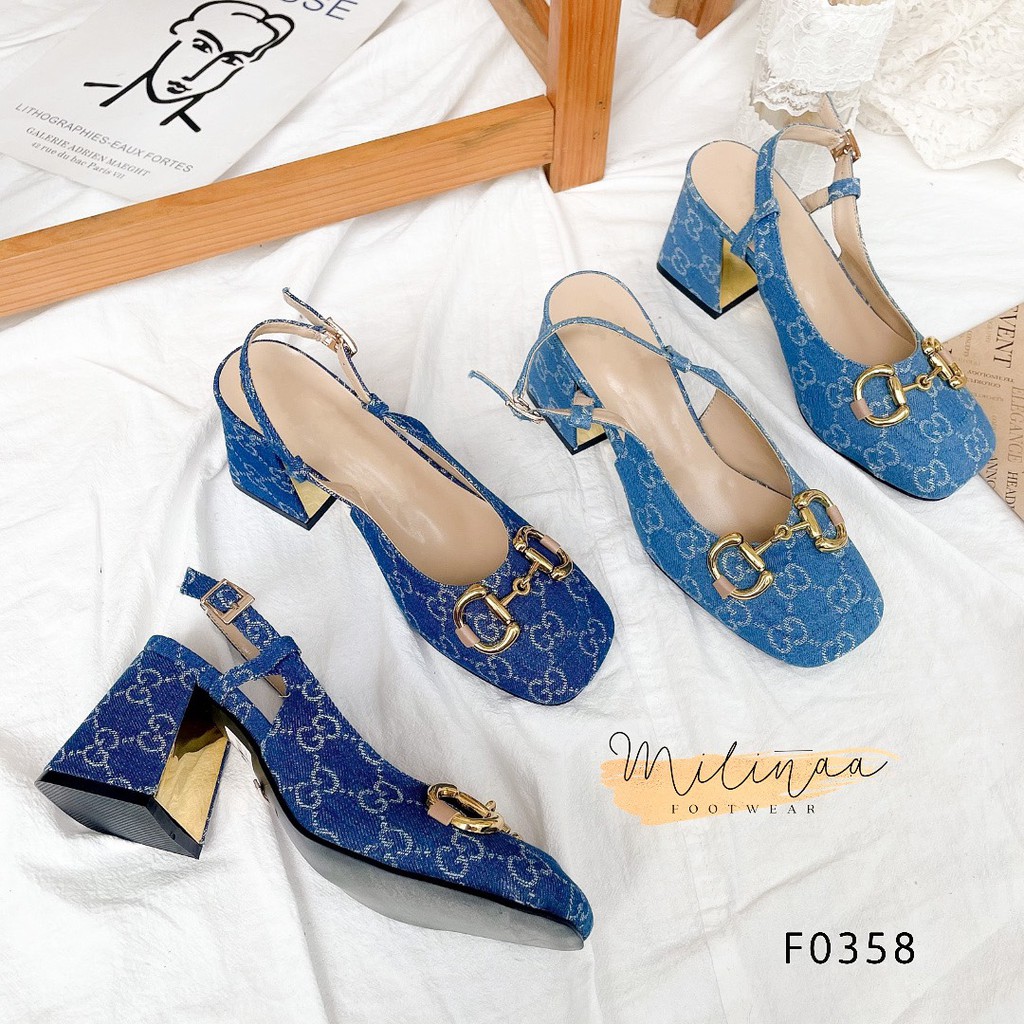 GIÀY SANDAL NỮ KIỂU BÍT MŨI VUÔNG HỌA TIẾT JEANS KHÓA CHỮ I F0358