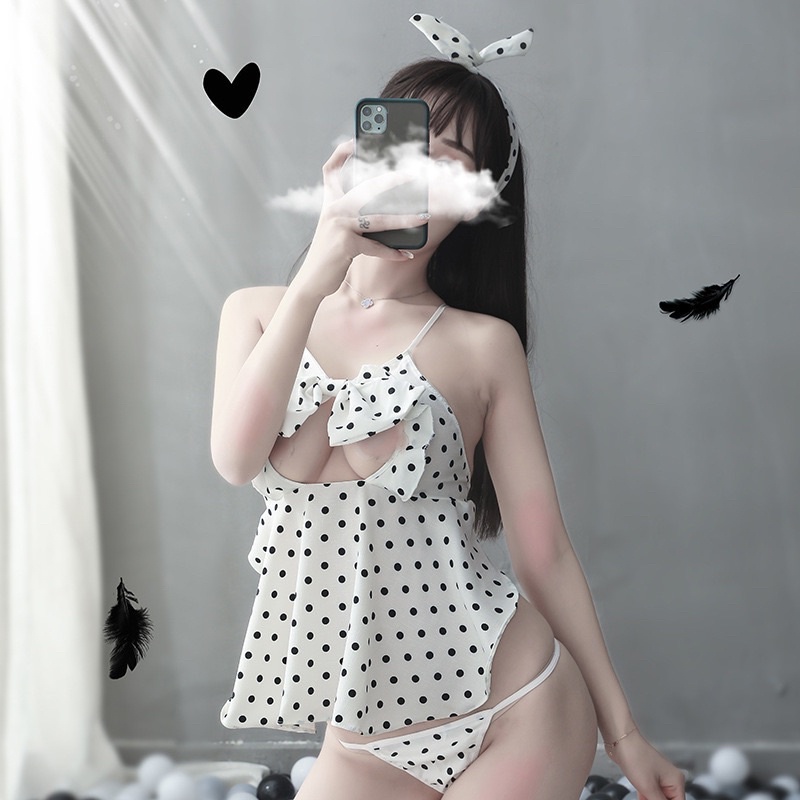 [HOẢ TỐC GIAO NHANH 1H] -  luôn che tên sản phẩm -SX552 - bộ ngủ sexy chấm bi -Đồ Ngủ Cosplay Hầu Gái sexy- CAMLUU99