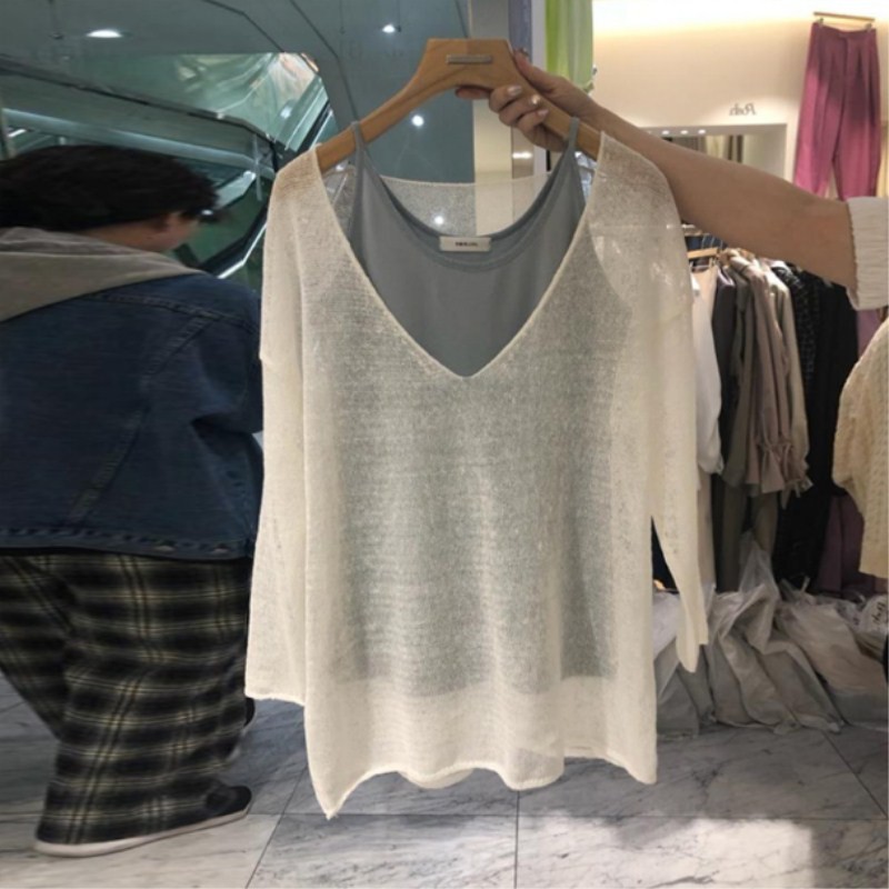 Set áo len lưới mỏng nhẹ xuyên thấu + Kèm áo hai dây mặc trong sexy gợi cảm Hàn Quốc