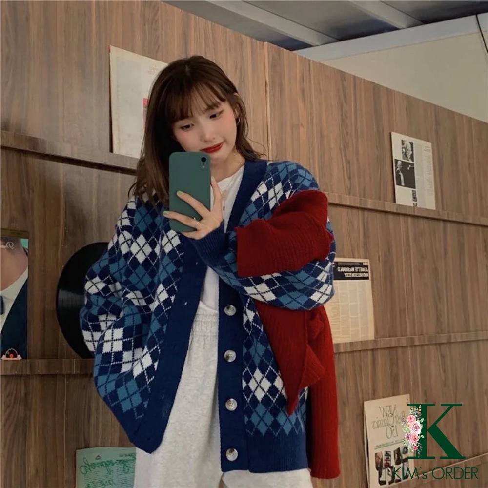 Áo Len Cadigan Nữ Hình Quả Trám Nhỏ Màu Xanh Dài Tay Dày Dặn Phong Cách Ulzzang Hàn Quốc Chất Đẹp Phom Rộng Đủ Size