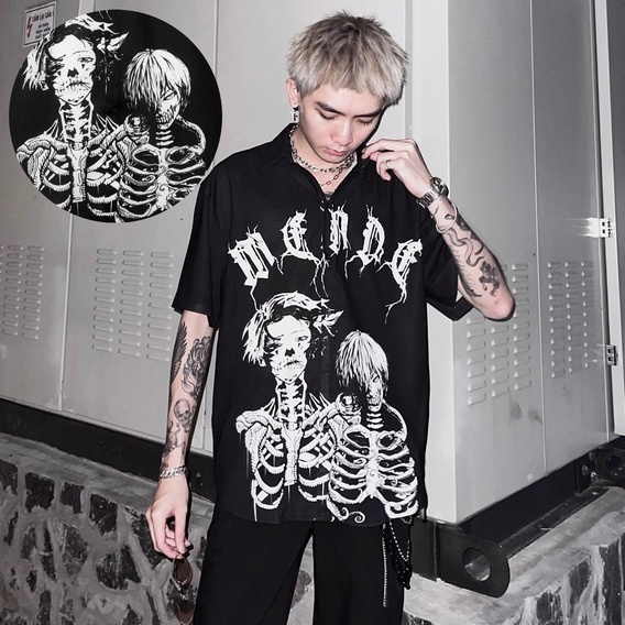 [Mã INCU50 giảm 50k đơn 250k] MENDE - Black Skeleton - Áo sơ mi nam tay ngắn