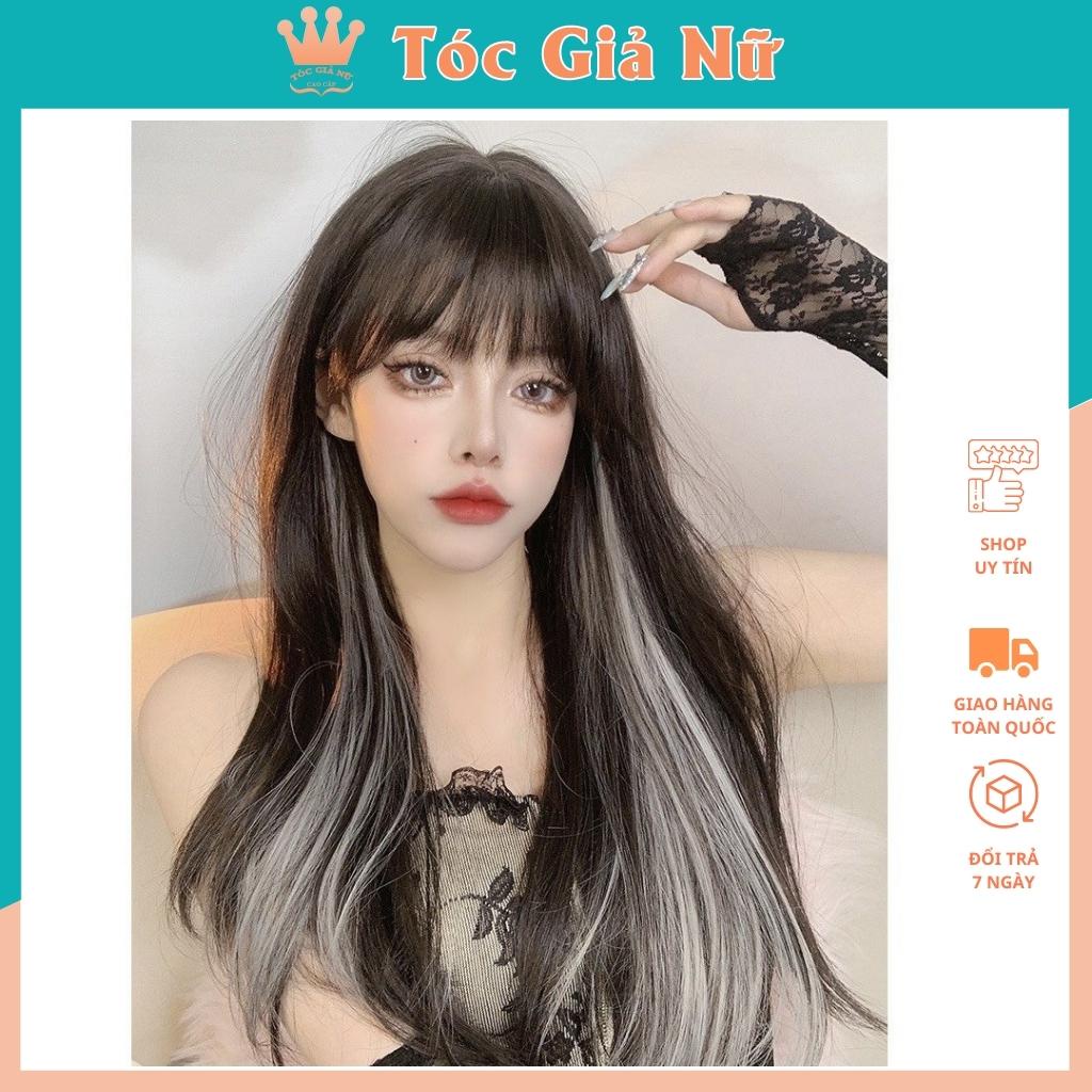 Tóc giả nữ nguyên đầu thẳng cúp dài màu đen phối line xám, tăng lưới trùm tóc.