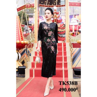 Thời trang trung niên -  Đầm quý bà cao cấp - Ladyshop - Sườn xám thêu bông sen đính đá TK538