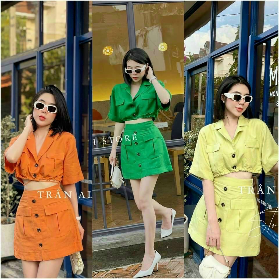 Set bộ áo sơ mi vest croptop bo chun tay ngắn, chân váy chữ A túi hộp, bộ váy dạo phố siêu chất