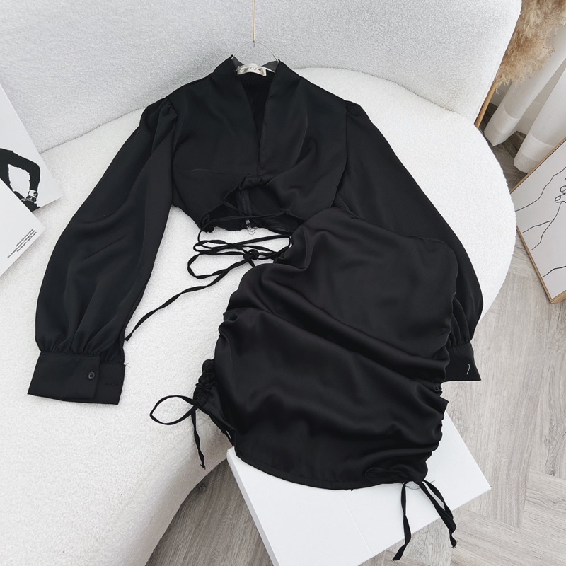 SET ÁO SƠ MI CỔ V TAY DÀI BUỘC EO + CHÂN VÁY DÂY RÚT