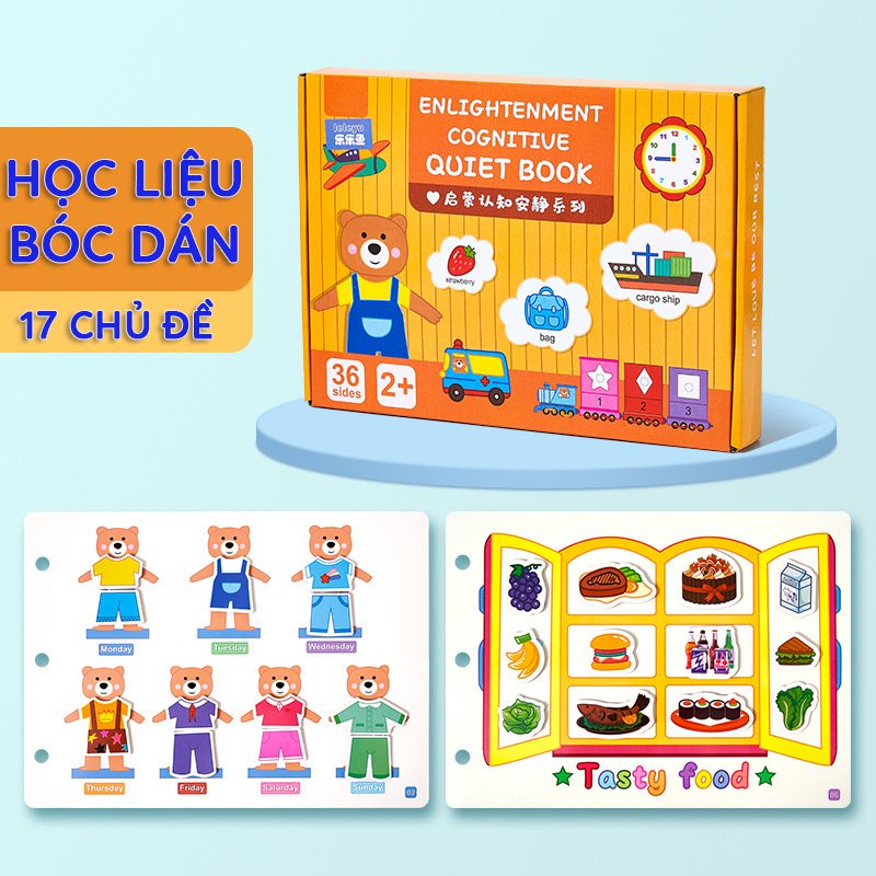 Học liệu bóc dán Montessory cho bé, học liệu busy book bóc dán thông minh 17 chủ đề, Sách bóc dán tiếng Anh