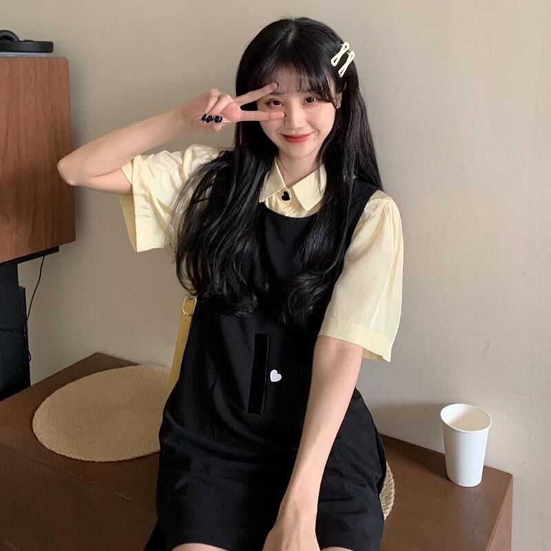 AMOI Bộ Áo Và Chân Váy Yếm Thời Trang Hàn Quốc 2022 Dành Cho Nữ