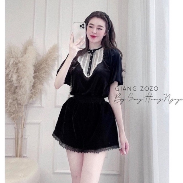 Set bộ áo nhung tay bồng pha cổ ren tơ nơ ngực mix quần sooc siêu xinh l1 ptp mh lina pl