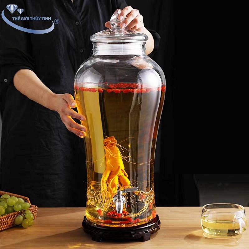 Bình Ngâm Rươu Sâm Thủy Tinh 10 Lít Nạp Phúc